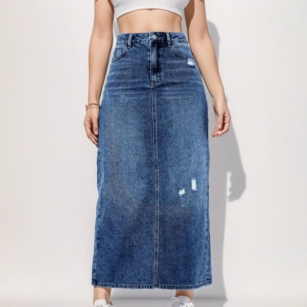 2023 Women's High Waist Denim Straight Skirt - Office Lady Black/Blue Midi Jean Skirt